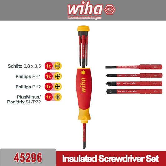 Wiha 4-in-1 geïsoleerde schroevendraaierset met bitlader, slim bits, 4x75mm, pocketmax, 1000v, 45296